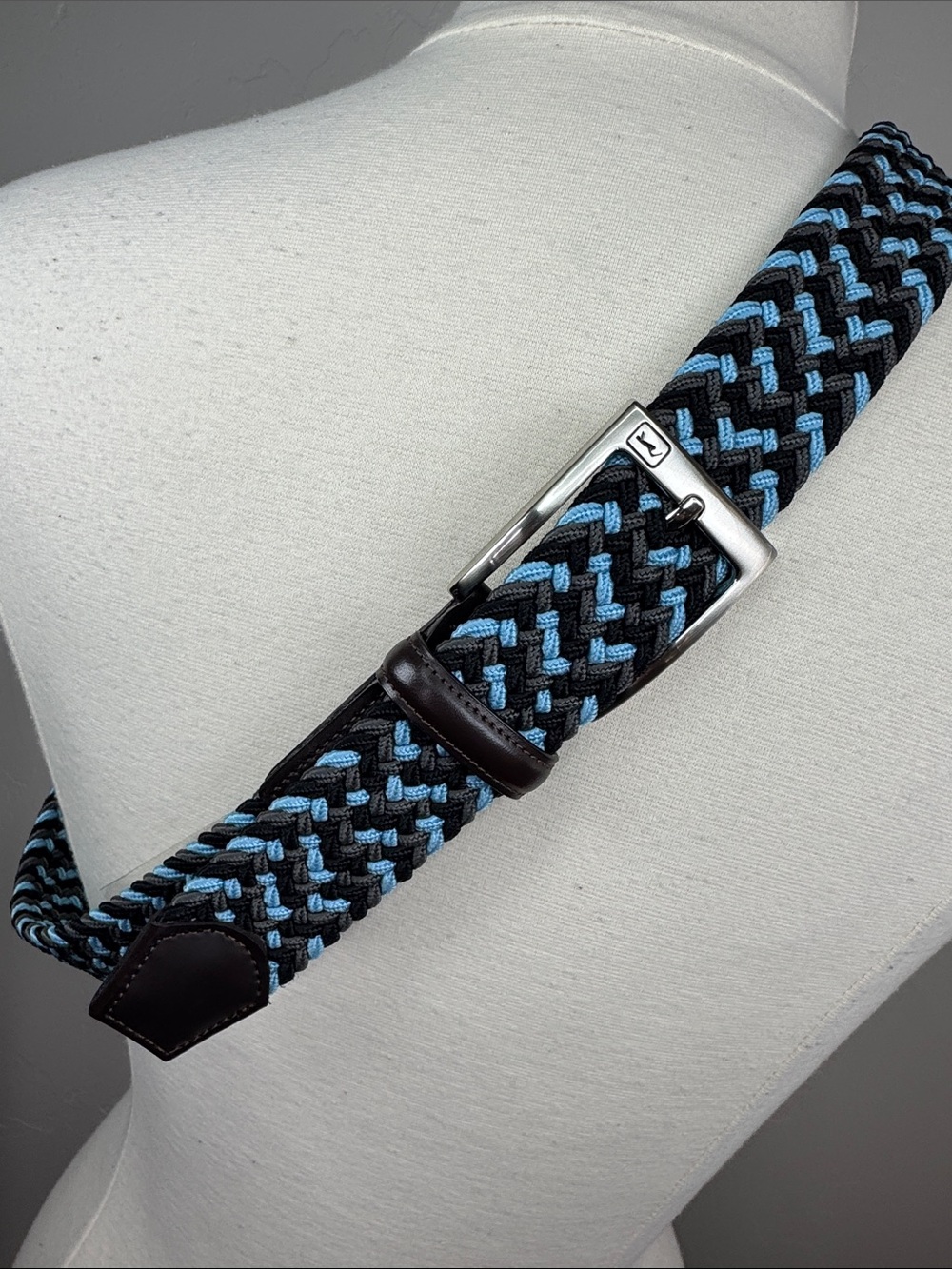 PGA Tour Woven Stretch Belt in Black, Grey and Light Blue Large 38/40